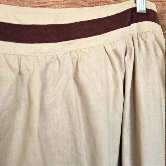 Linen Peasant Skirt Beige w Brown Embroidery  Knee Length / Sz 12 - Picture 3 of 11